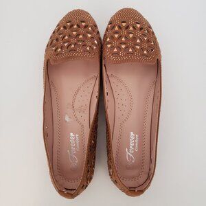 Forever Comfort Brown Laser-Cut Flats w/ Rhinestones | Size 8